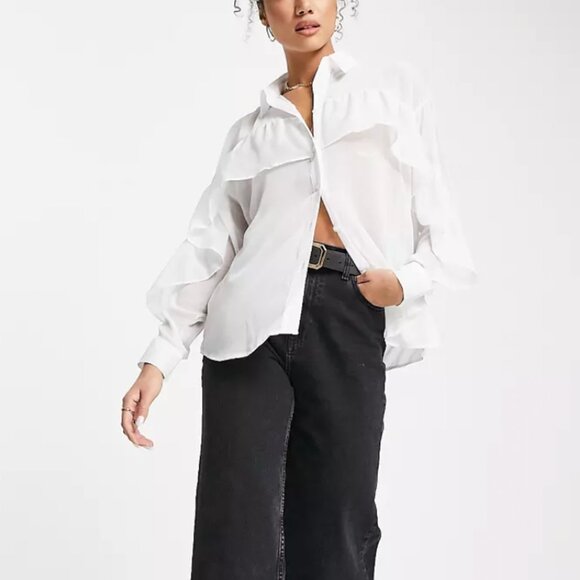 ASOS DESIGN Chiffon Ruffle Front Soft Shirt Sheer Minimalist Ivory White Size 4 - Picture 7 of 8